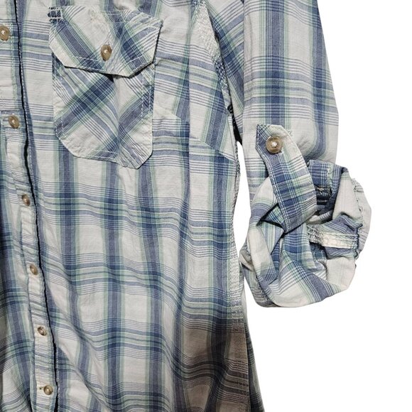 Carhartt Button Front Shirt Womens Size Large Blue White Plaid Roll-Tab Sleeves - Picture 5 of 9
